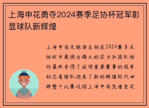 上海申花勇夺2024赛季足协杯冠军彰显球队新辉煌